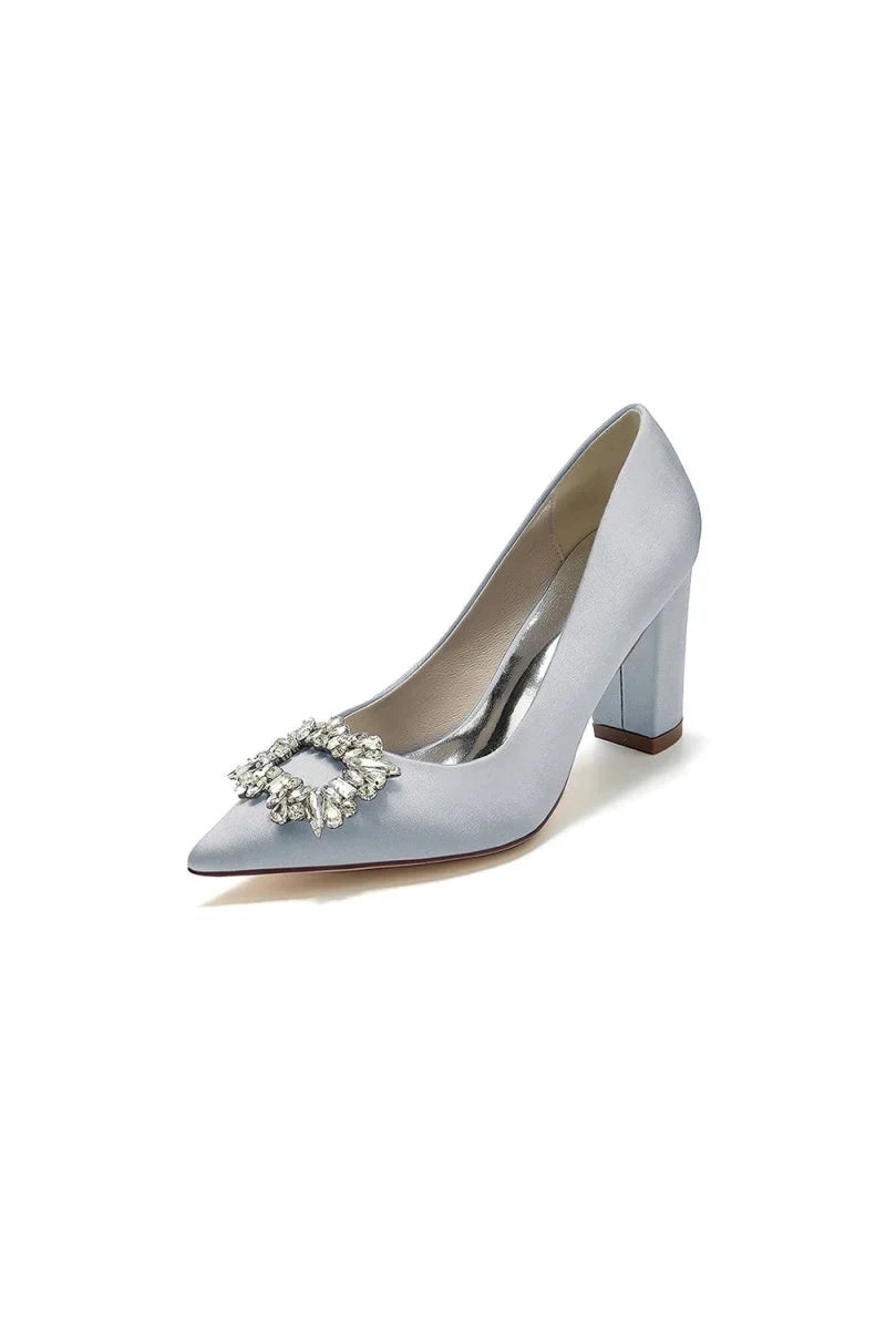 Pointed Toe Block Heels with Rhinestone