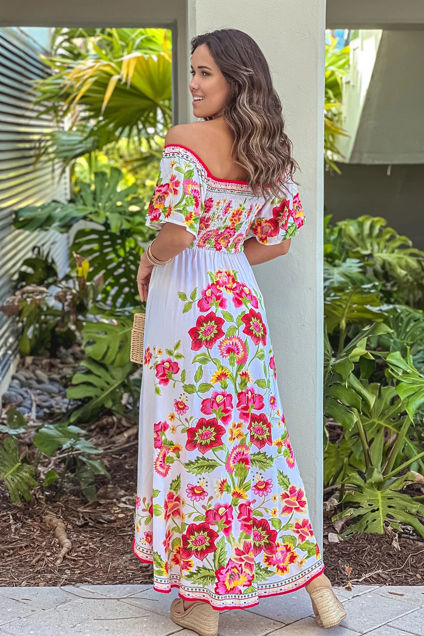 Ivory Floral Off Shoulder High Low Dress