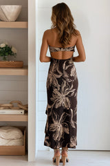 Brown Floral Back Closure Ruffle Slit Maxi Dress