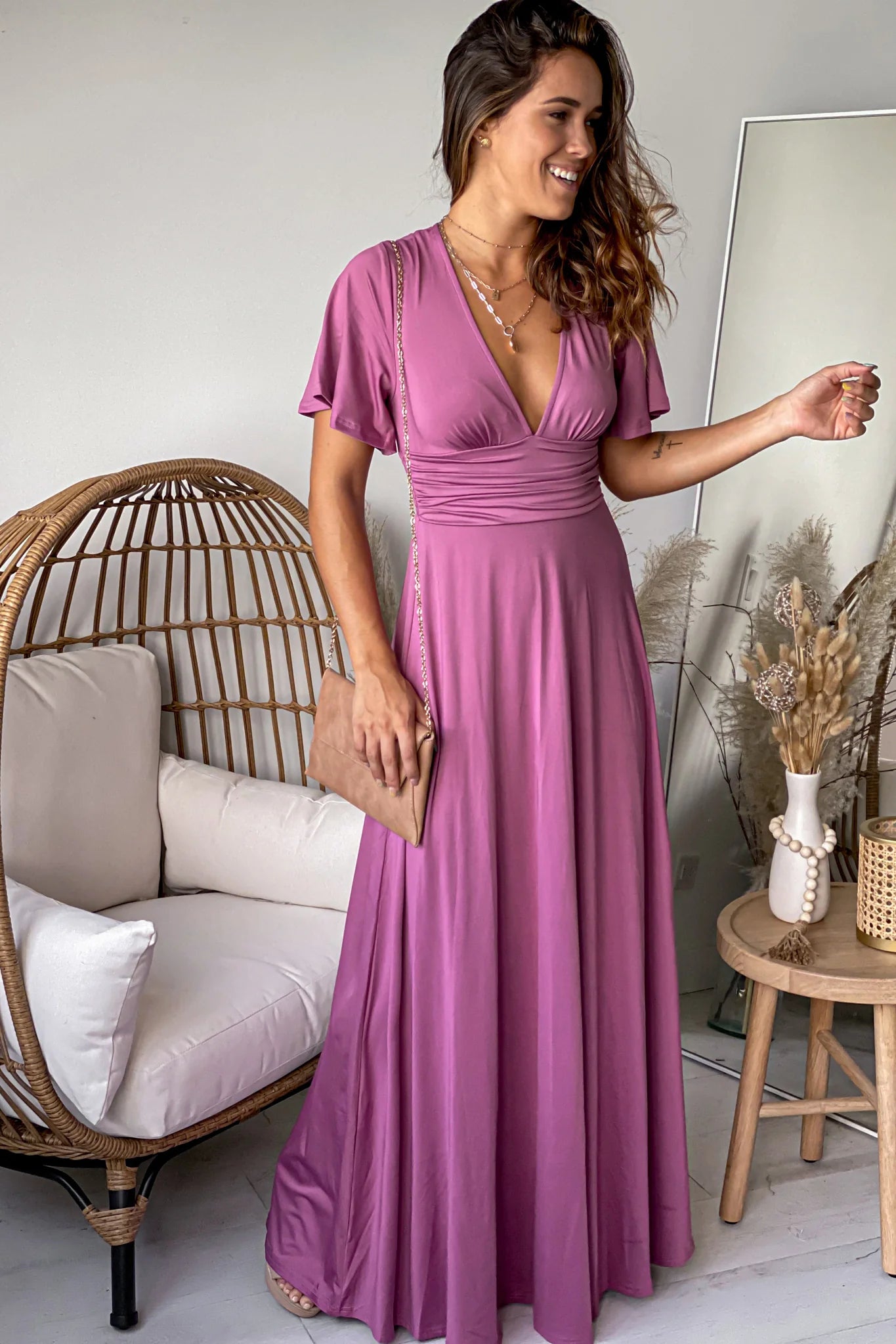 Mauve V Neck Maxi Dress With Short Sleeves