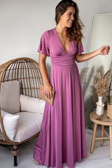 Mauve V Neck Maxi Dress With Short Sleeves