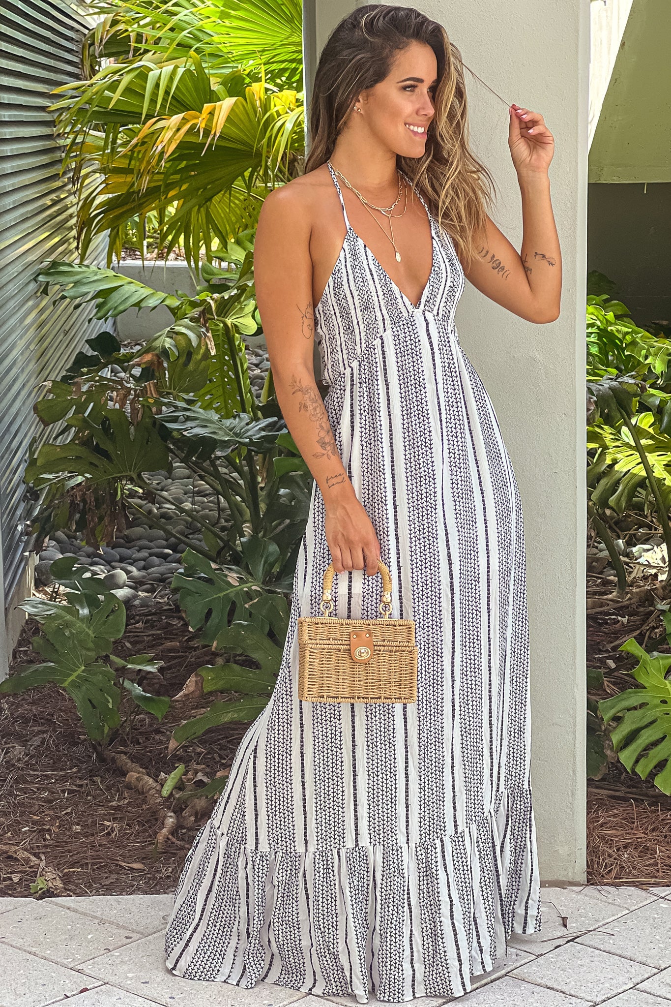 Off White Printed Maxi Dress With Open Back