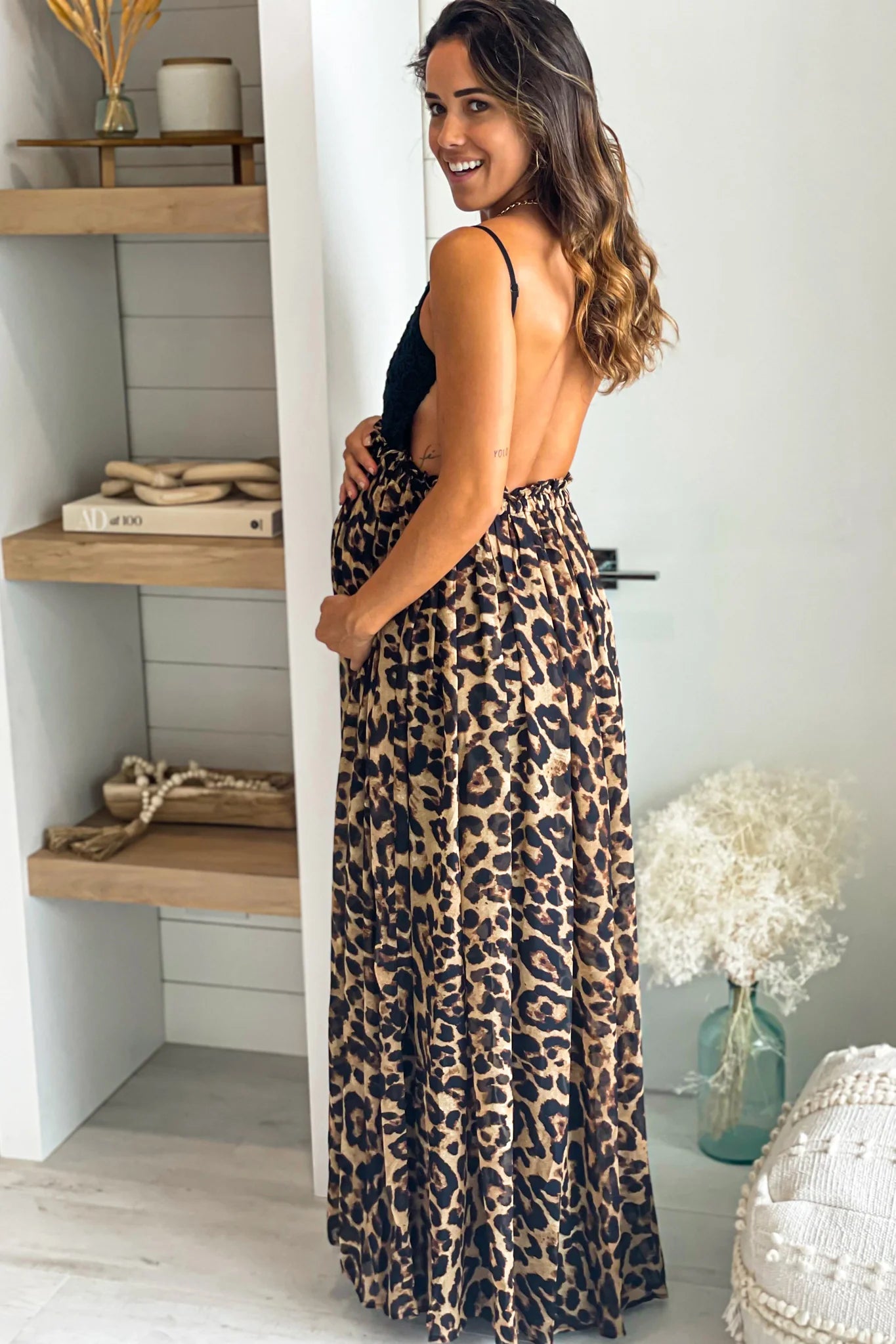 Leopard Maternity Maxi Dress with Black Crochet Top