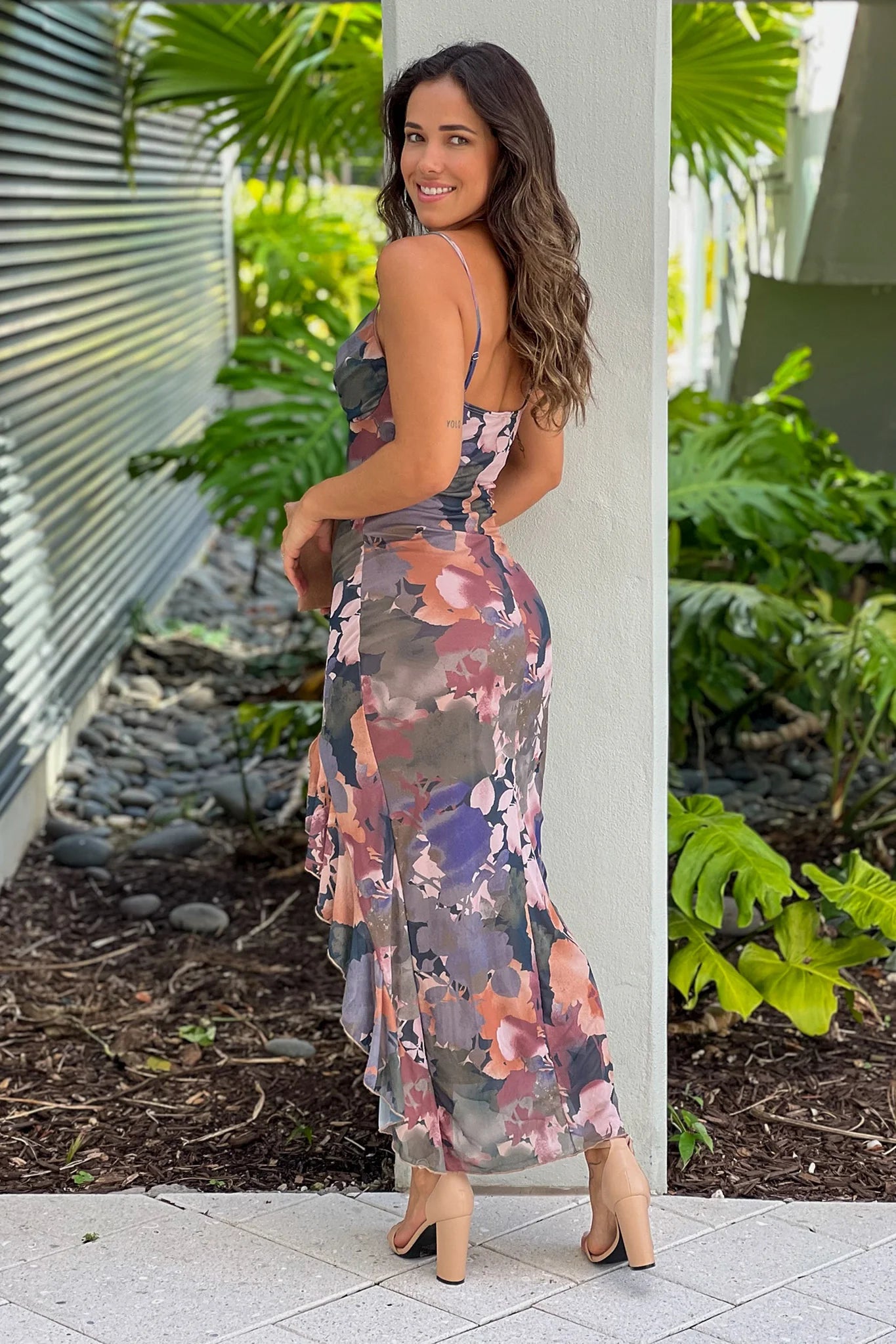 Navy Floral Mesh Ruffled Dress