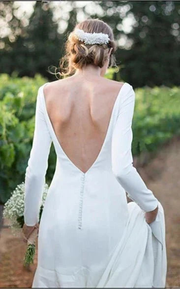 Simple Chiffon Sheath Bateau neck Deep V Back Bridal Gown with Chapel Train