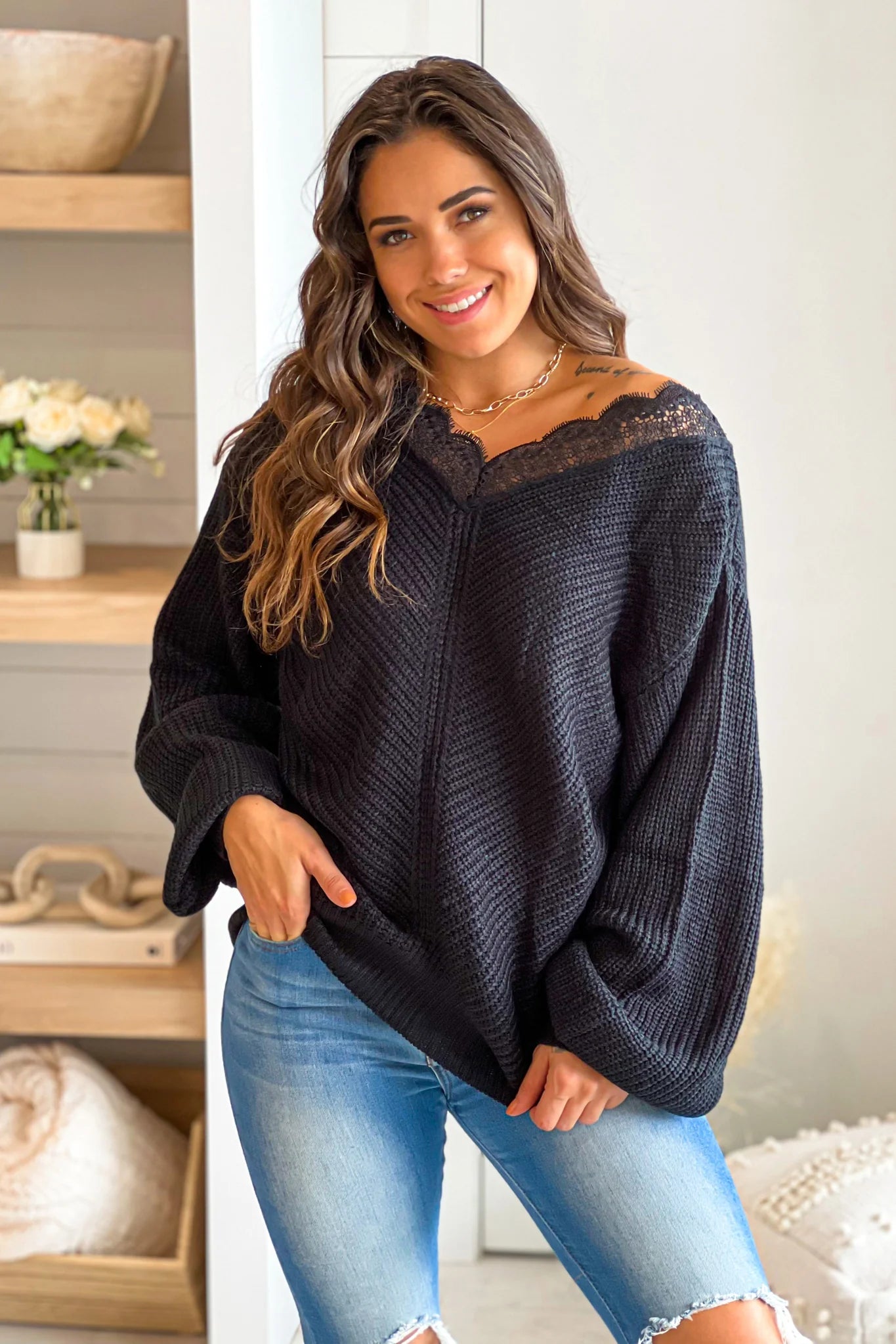Black Lace Trim V Neck Sweater