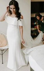 Modern Mermaid Floor length Short Off the shoulder Sleeve Satin Wedding Dress