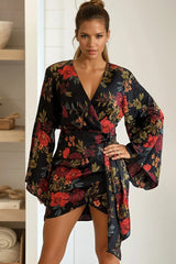 Black Floral Satin Wrap Mini Dress