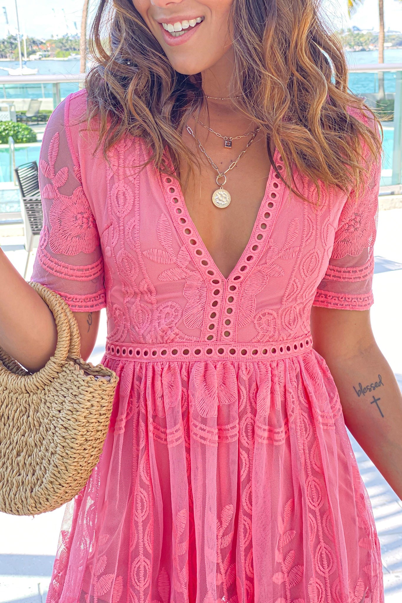 Coral Lace Maxi Romper with Sleeves and Slits