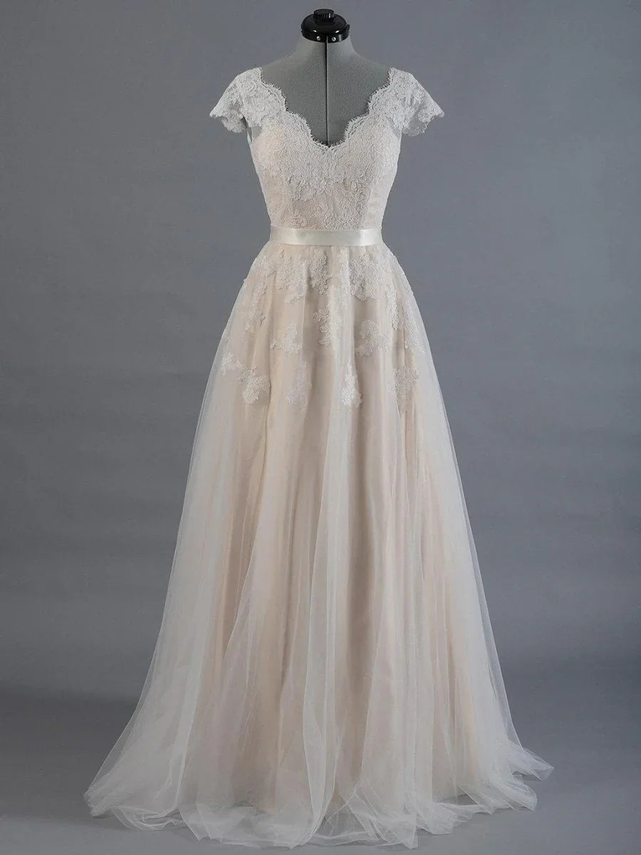 Cap Sleeve V Neck Lace Tulle Wedding Dress With Zipper Back