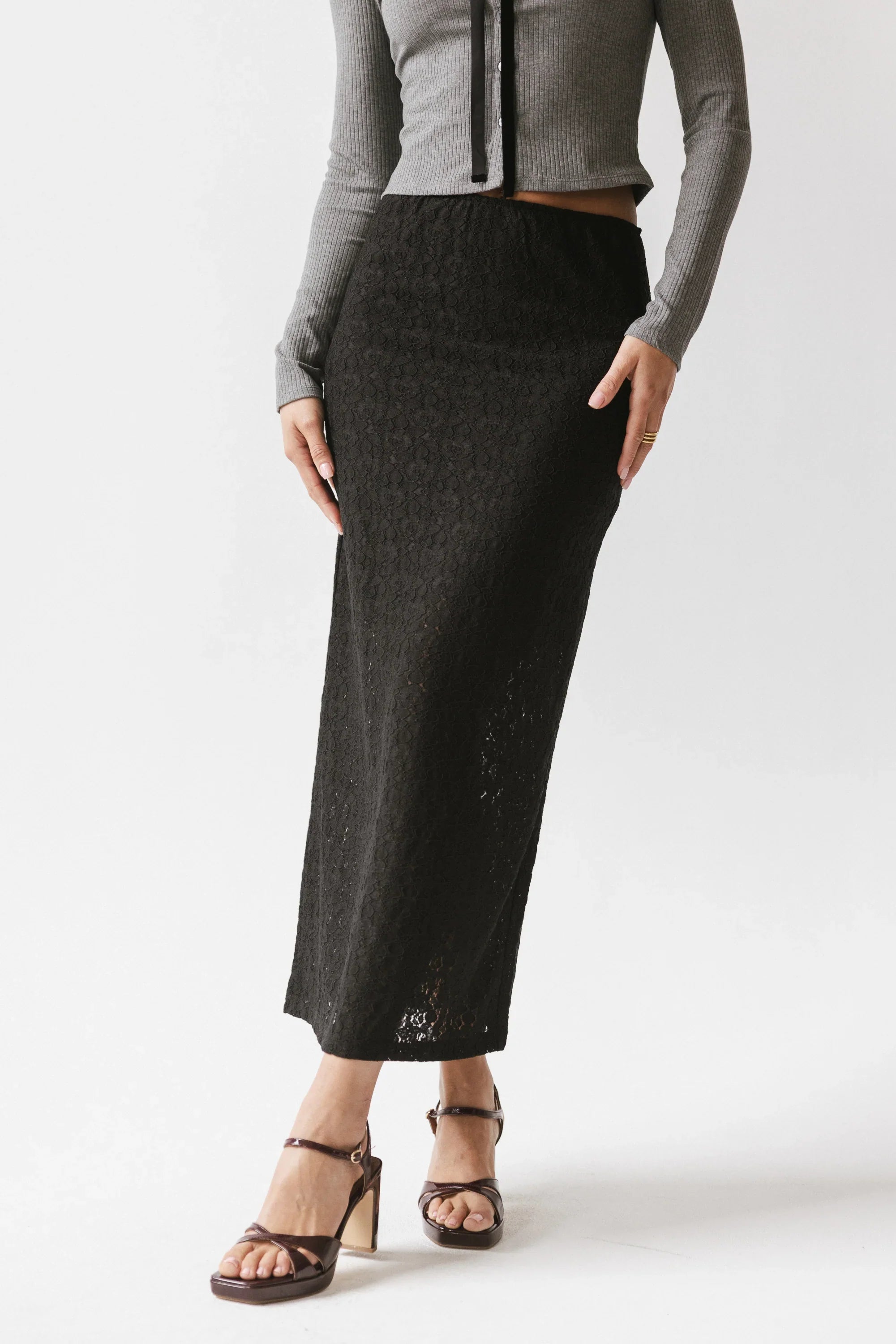 Jozette Lace Midi Skirt in Black