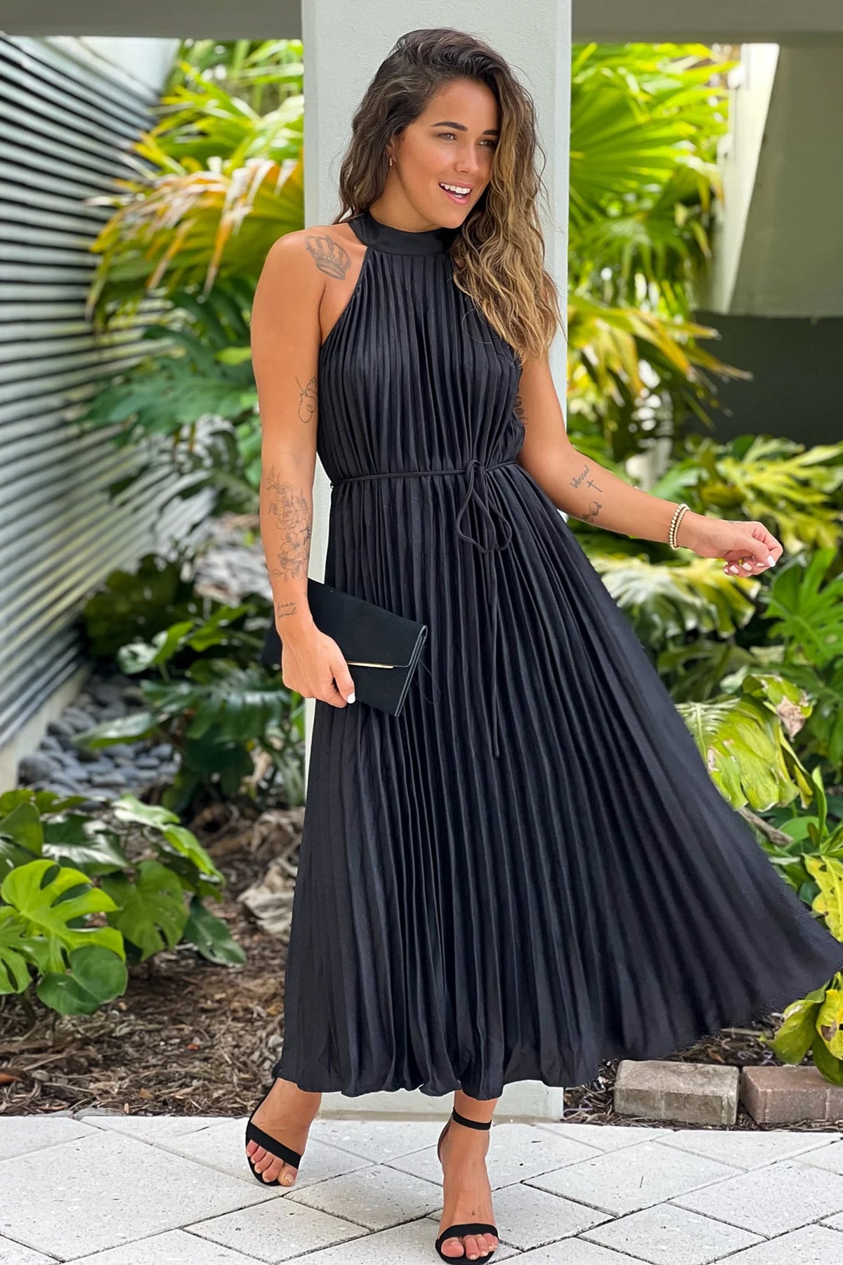 Black Pleated Midi Dress