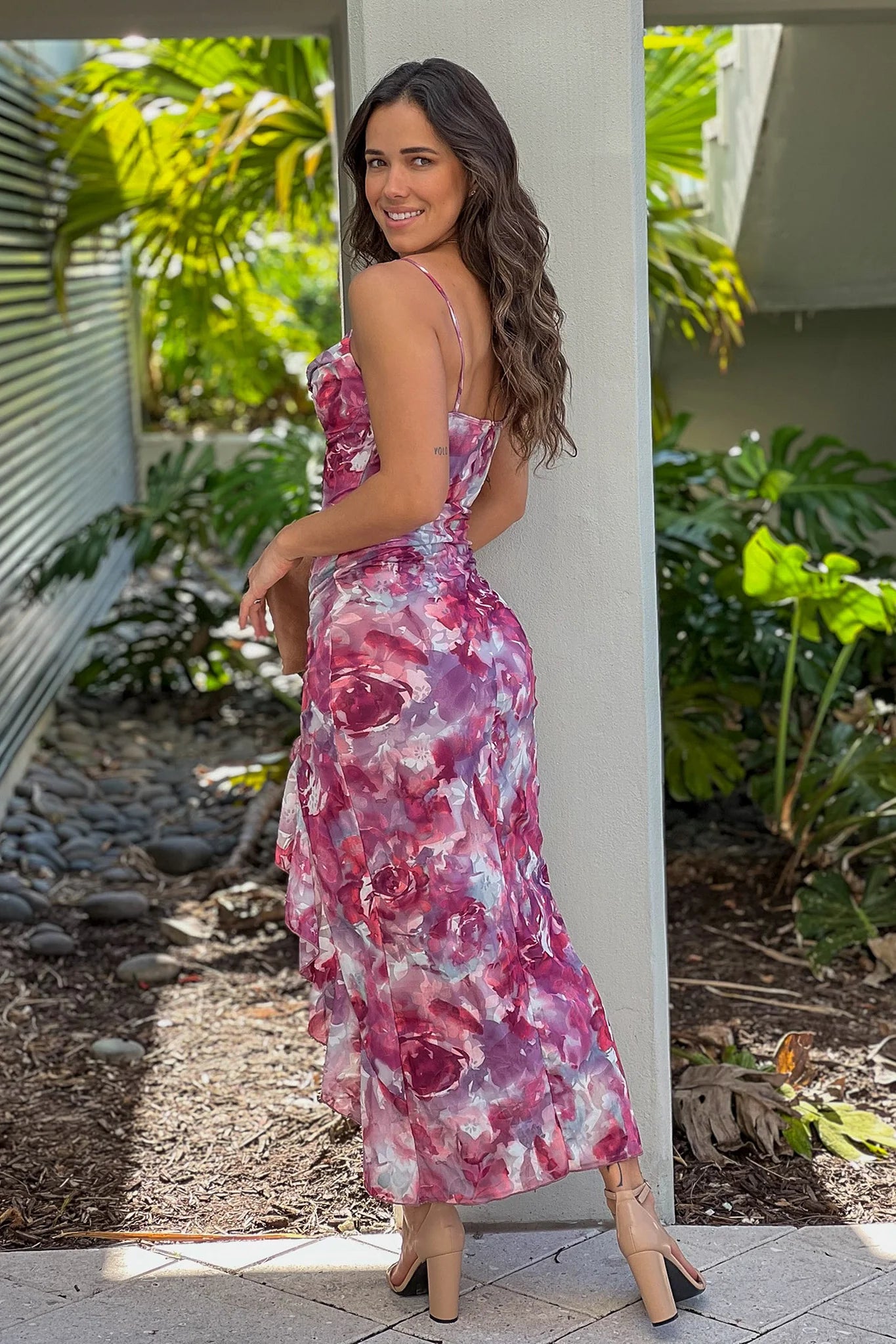 Pink Floral Mesh Ruffled Dress