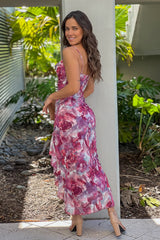 Pink Floral Mesh Ruffled Dress