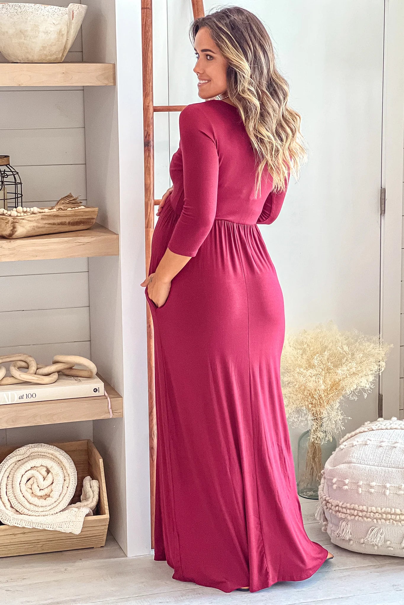 Burgundy Maternity Maxi Dress with Sleeves
