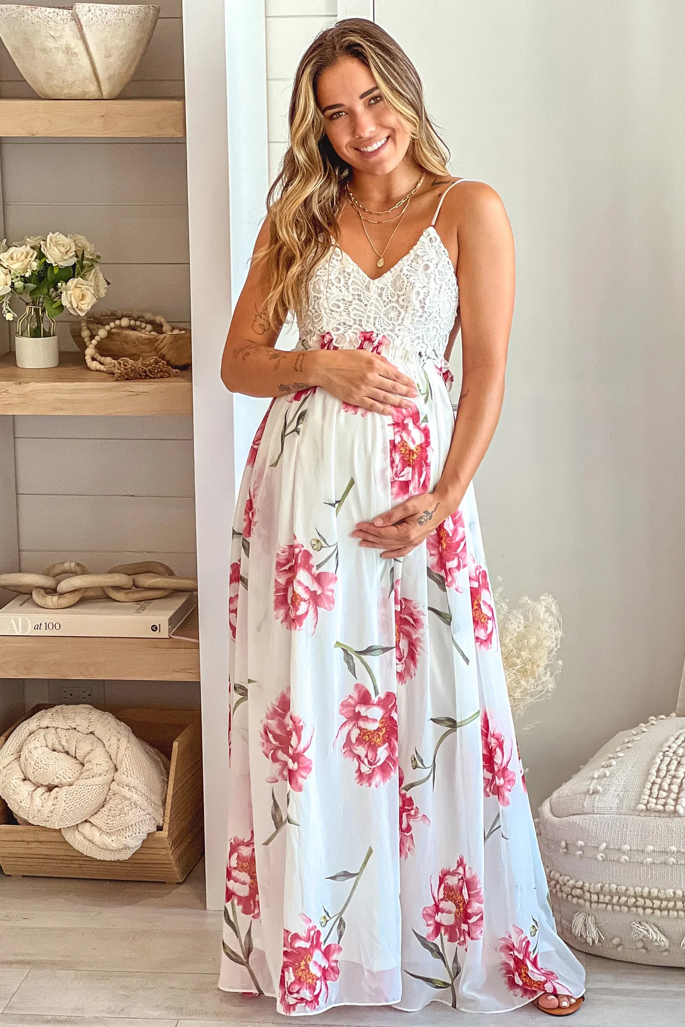 Off White Floral Maternity Maxi Dress with Crochet Top