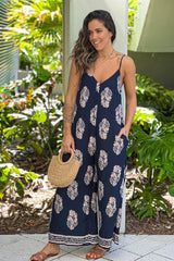 Navy Printed V Neck Jumpsuit