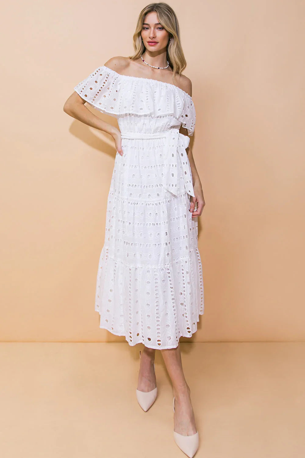 CATCHING MY BREATH EYELET MIDI DRESS
