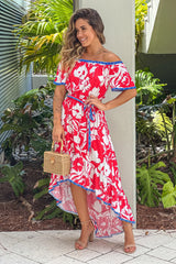 Ivory And Red Printed High Low Dress