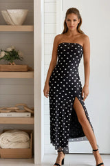 Black Polka Dot Tube Slit Maxi Dress