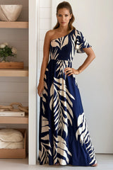 Navy Smocked Top One Shoulder Maxi Dress
