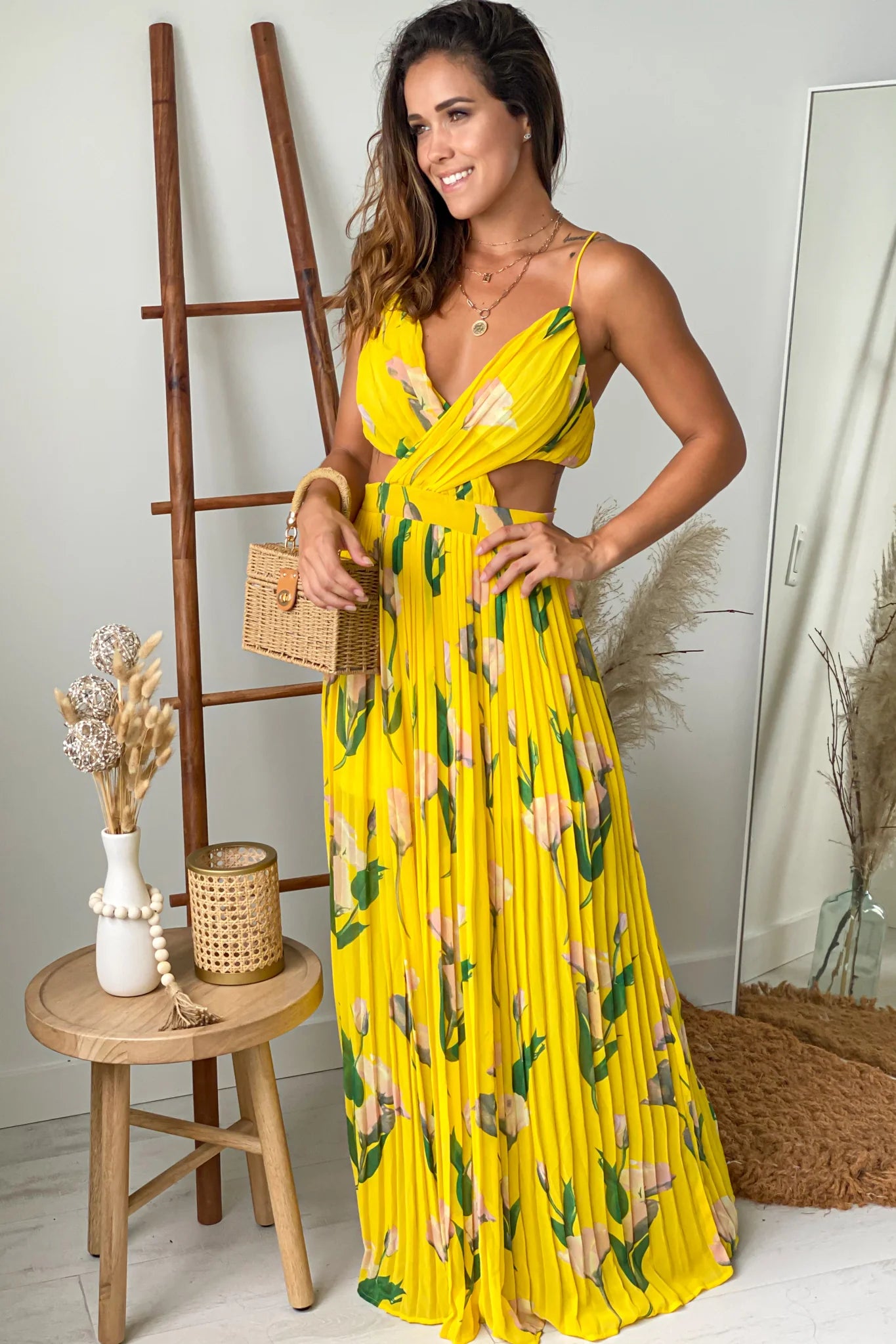 Yellow Floral Pleated Maxi Dress