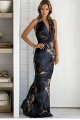Navy Printed Cowl Neck Halter Maxi Dress
