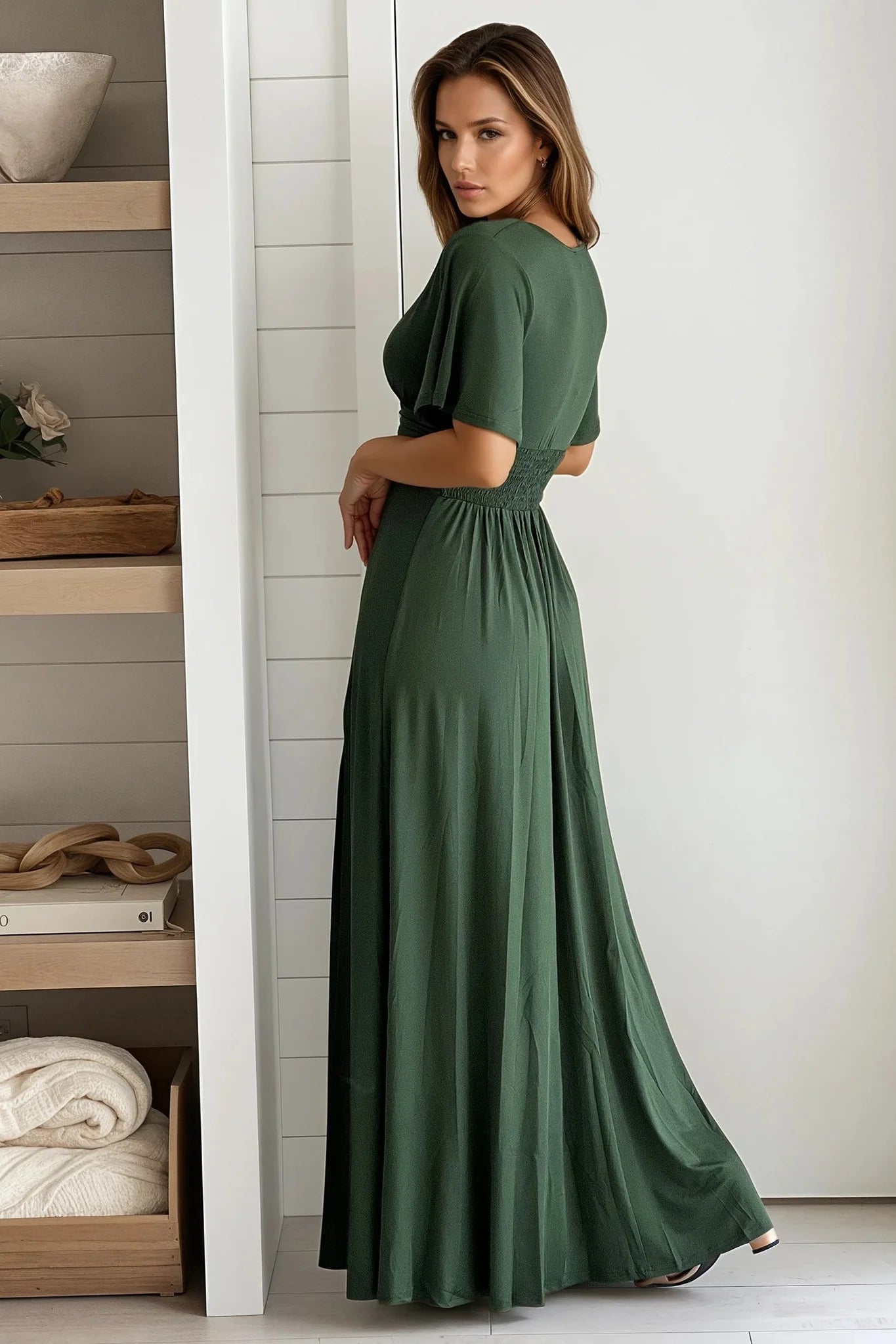 Hunter Green Maxi Dress With Slit And Short Sleeves