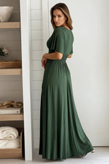 Hunter Green Maxi Dress With Slit And Short Sleeves