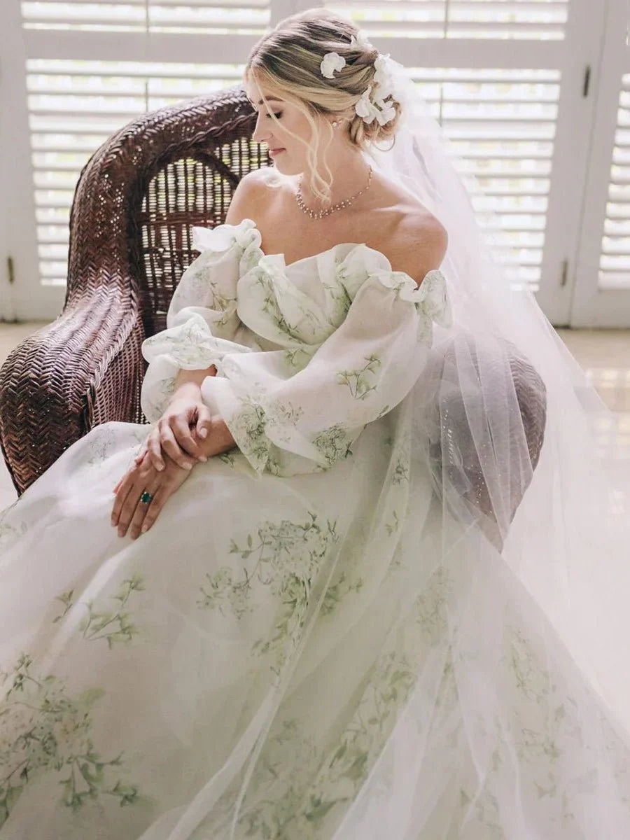 A Line Floral Appliqued Majesty Bridal Wedding Dress with Ruffles