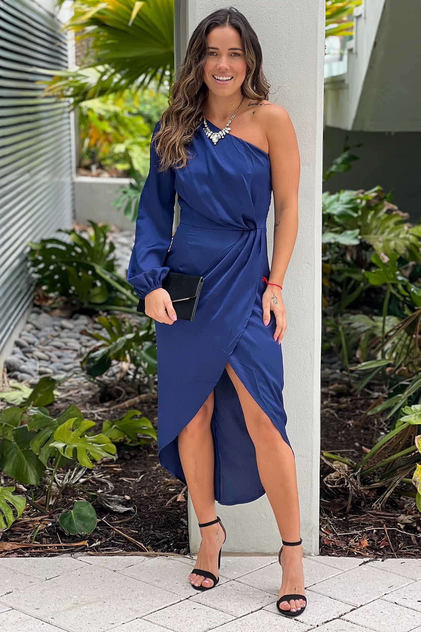 Navy One Shoulder Satin Midi Dress