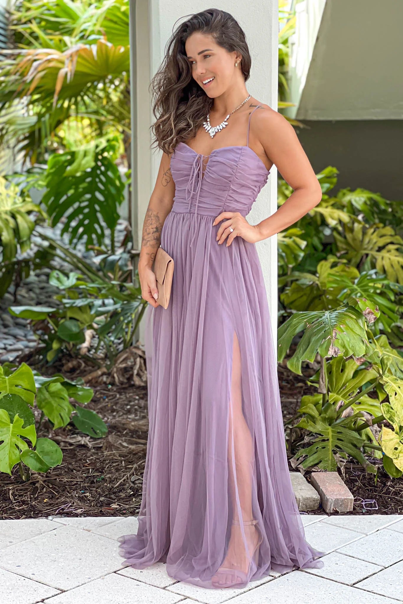 Dark Lavender Tulle Maxi Dress With Front Tie