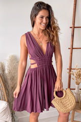 Wine V Neck Short Dress With Side Cutouts
