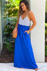 Royal Blue Striped Maxi Dress with Paper Bag Waistline