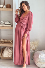 Dusty Mauve Satin Maternity Maxi Dress with Puff Sleeves