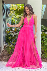 Hot Pink Mesh V Neck Maxi Dress