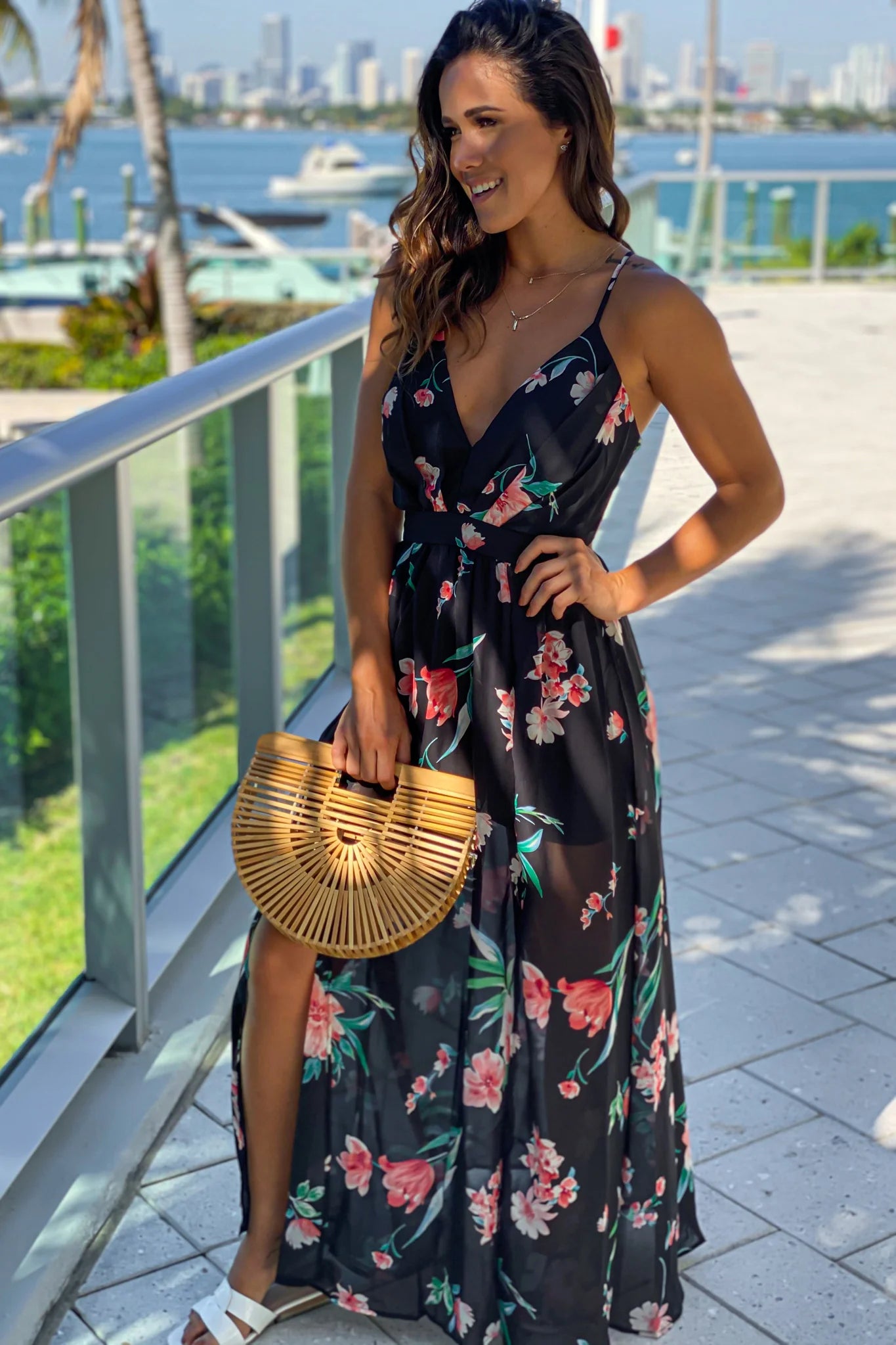 Black Floral Maxi Dress With Slit
