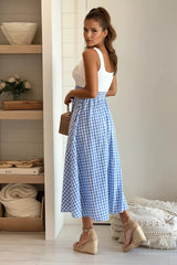 White And Blue Plaid Midi Dress With Pockets