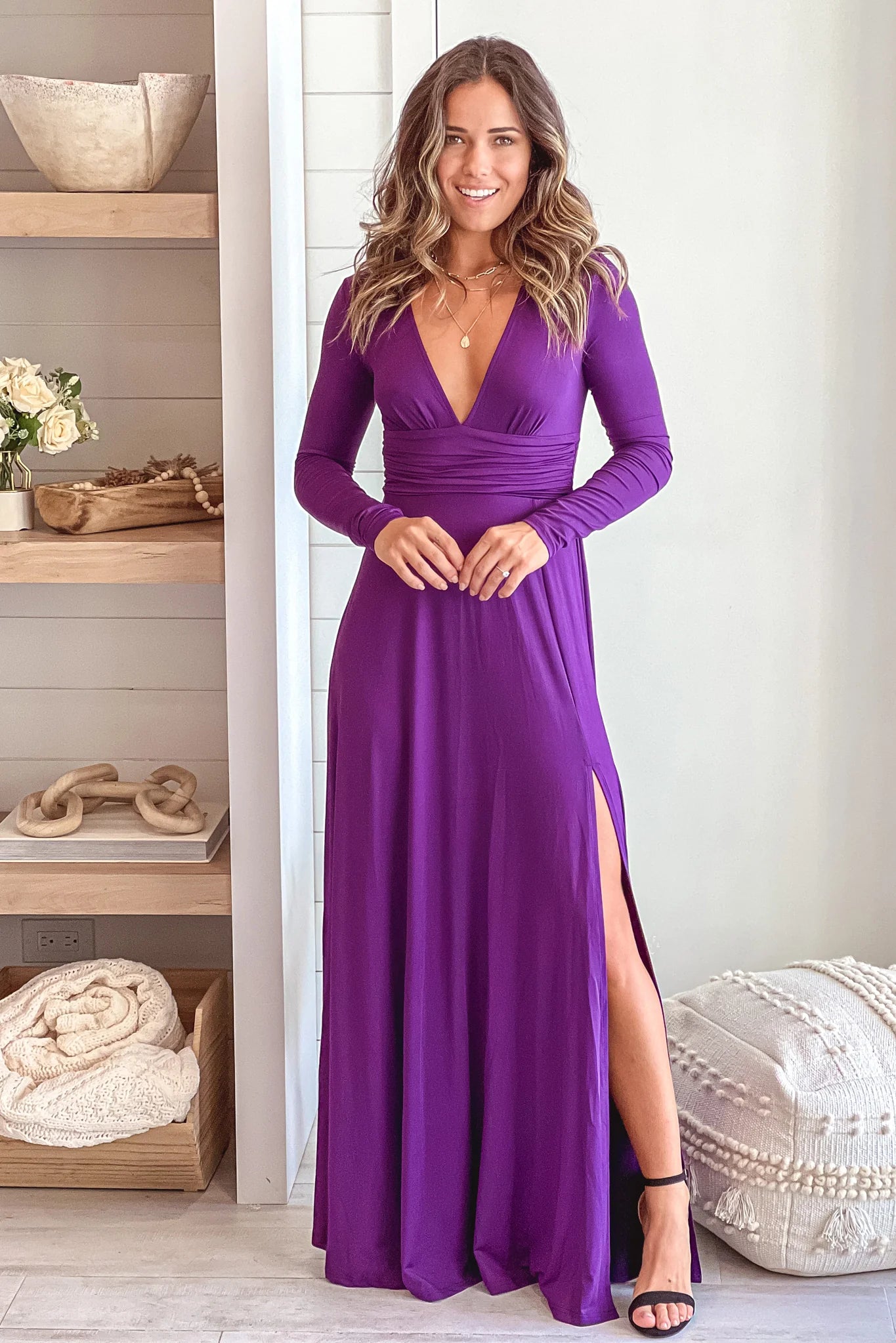 Purple V Neck Maxi Dress With Long Sleeve And Slit