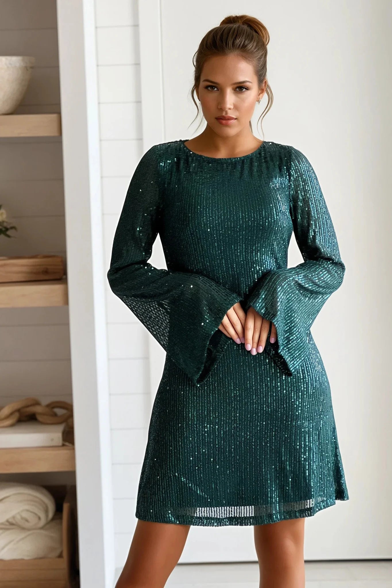 Hunter Green Tie Back Neck Sequin Mini Dress