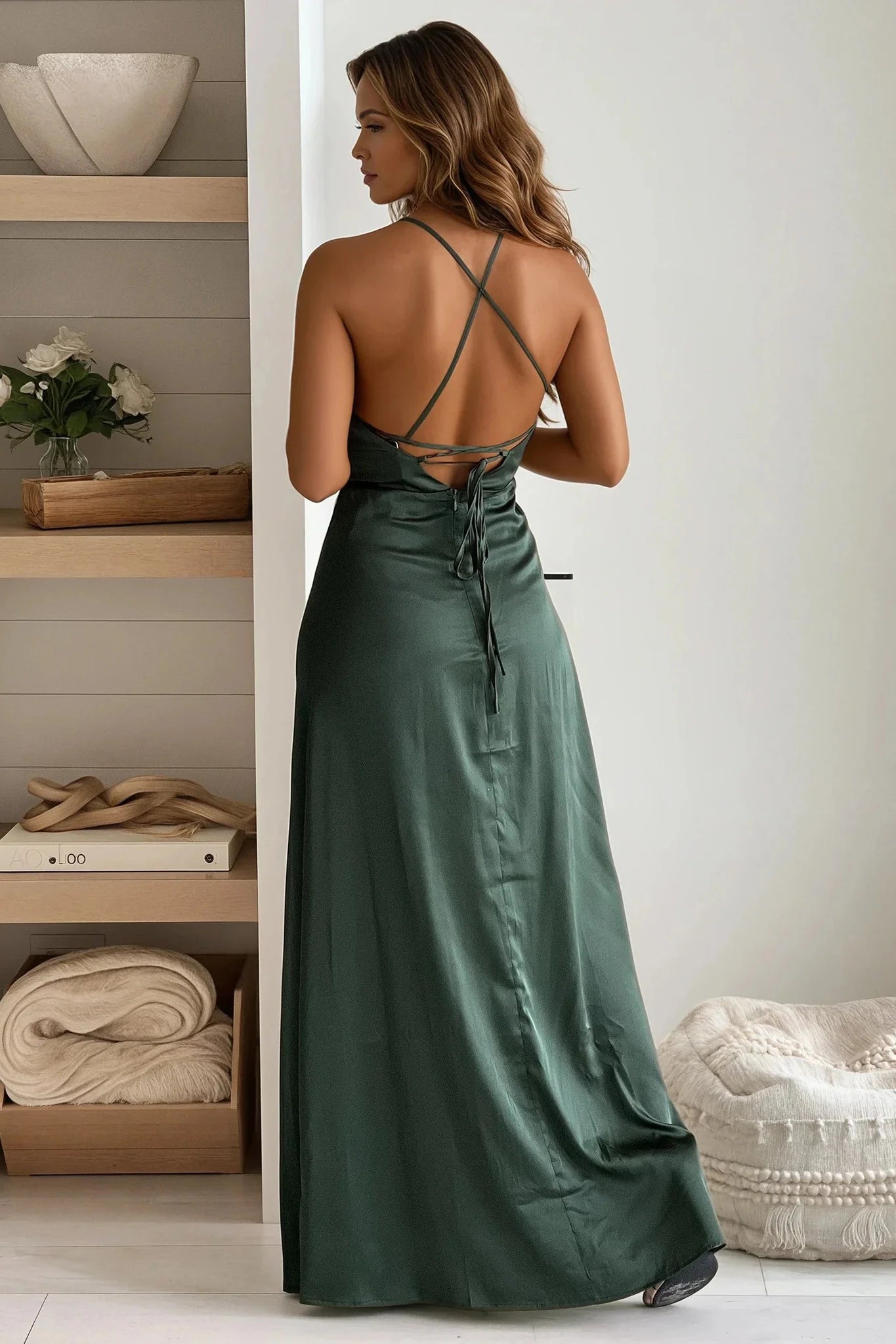 Hunter Green Ruffled Satin Maxi Dress