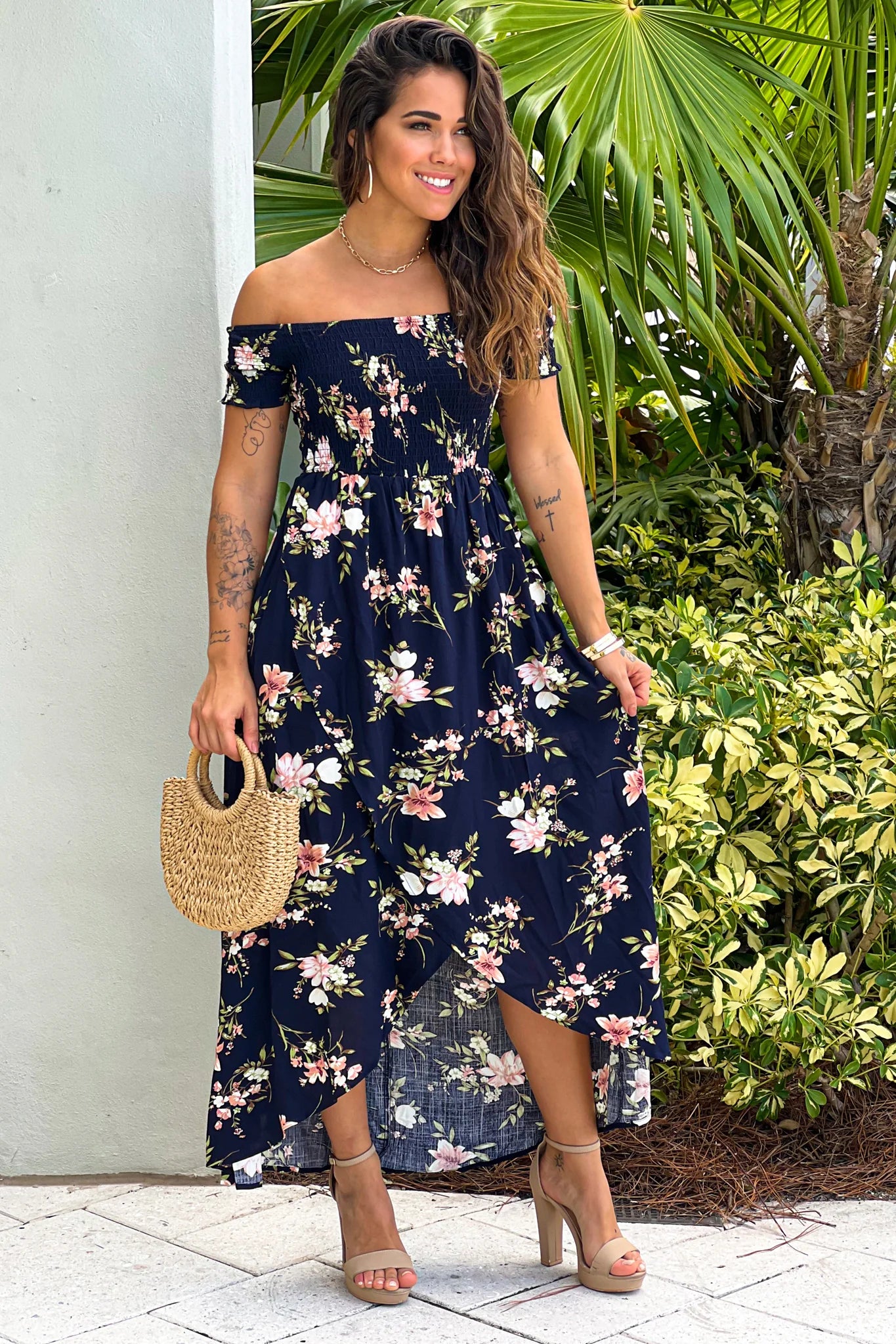 Navy Floral Smocked Top Off Shoulder High Low Dress