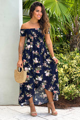 Navy Floral Smocked Top Off Shoulder High Low Dress