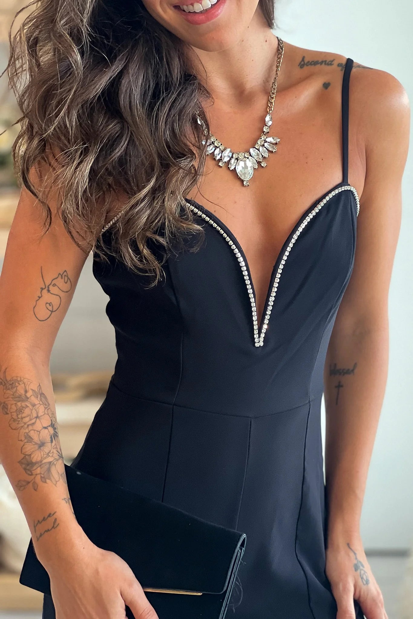 Black Jumpsuit With Rhinestone Trim