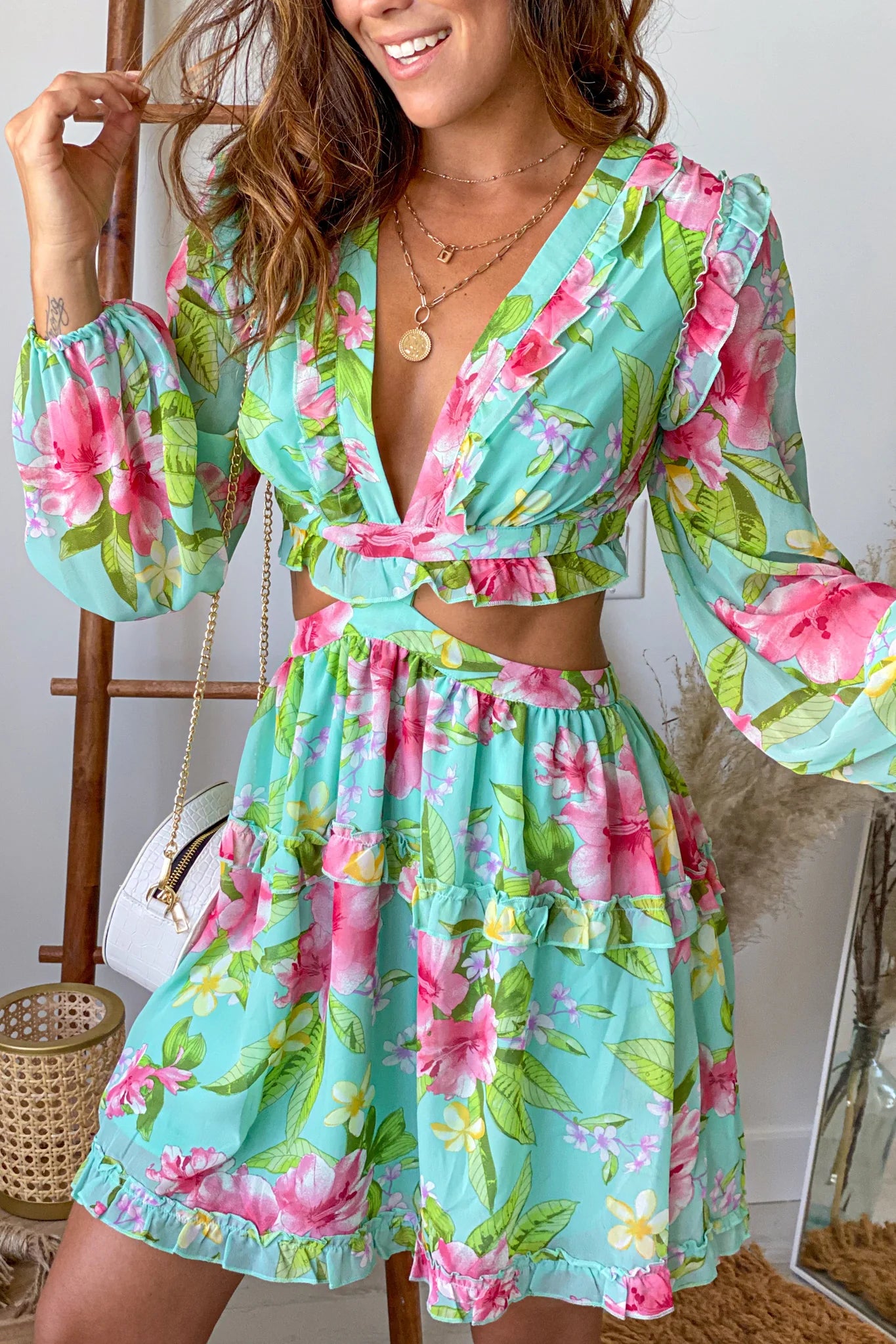 Mint Floral Ruffled Short Dress