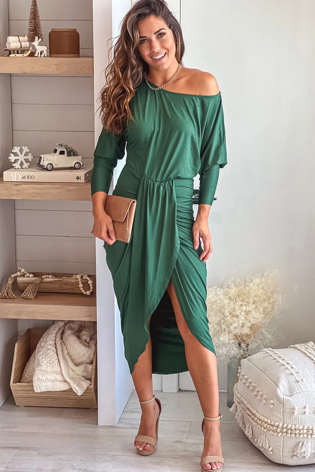 Hunter Green One Shoulder Ruched Dress