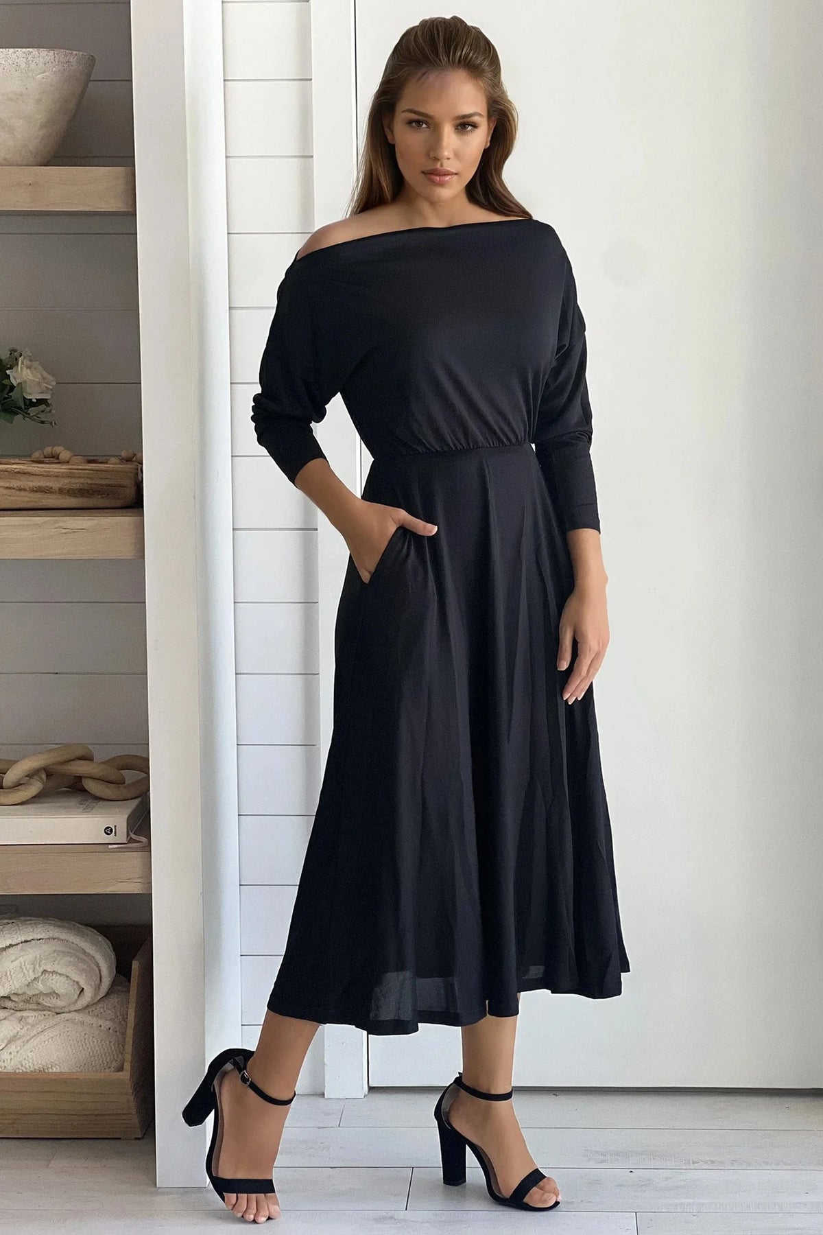 Black Off Shoulder Knit Midi Dress With Slit
