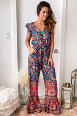 Navy Printed Jumpsuit With Pockets