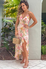 Peach Floral Ruffled Maxi Dress With Slit