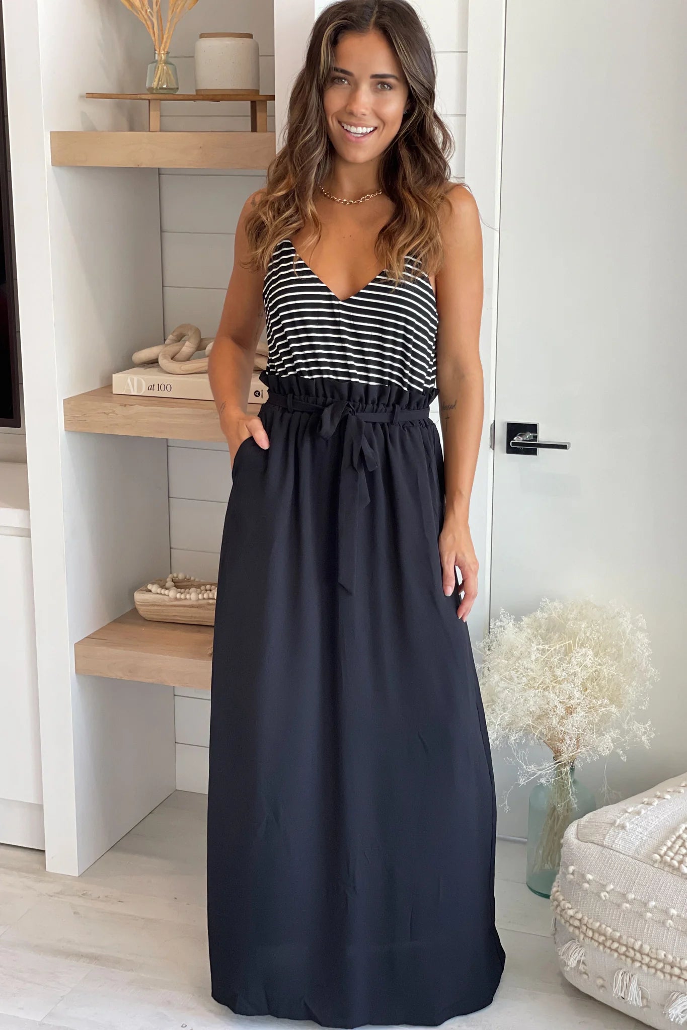 Black Striped Maxi Dress with Paper Bag Waistline